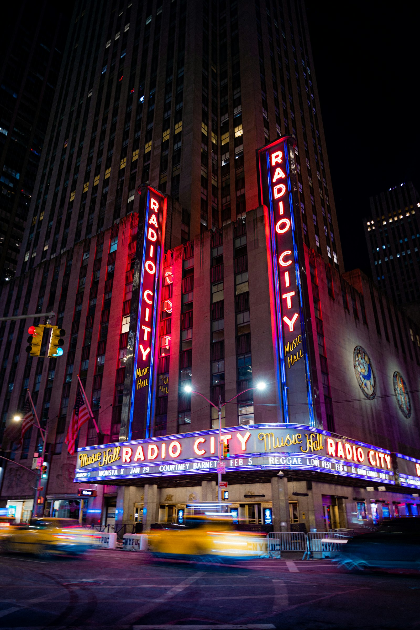 Radio City Music Hall marquee at night